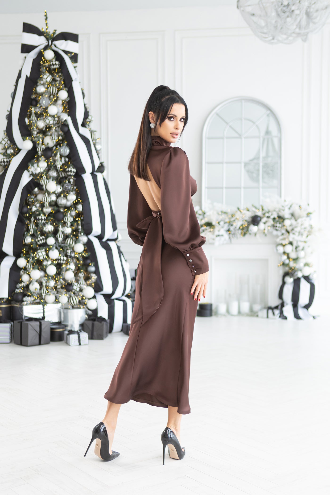 Chocolate SATIN TURTLENECK PUFF-SLEEVE MIDI DRESS (ARTICLE C487)