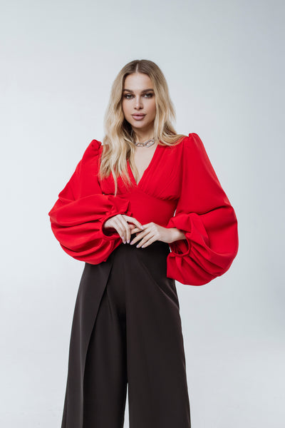 Red PUFF SLEEVE V-NECK BLOUSE (ARTICLE C342)