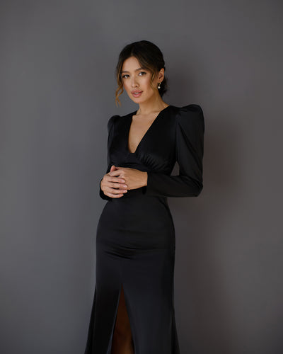 Black V-NECK PUFF SLEEVE MAXI DRESS (ARTICLE 512)