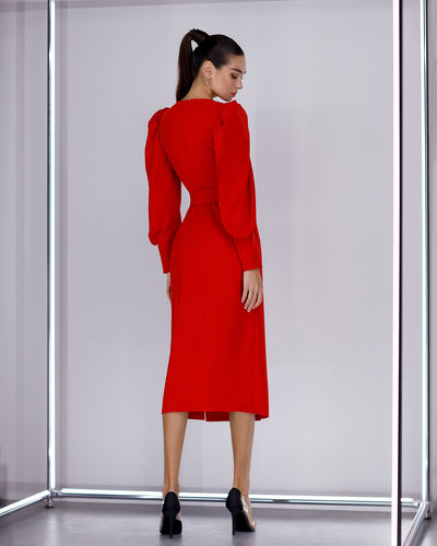 Red PUFF-SLEEVE BELTED MIDI DRESS (ARTICLE 392)