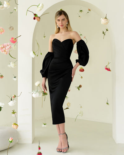 Black SATIN SWEETHEART PUFF-SLEEVE MIDI DRESS (ARTICLE 330)