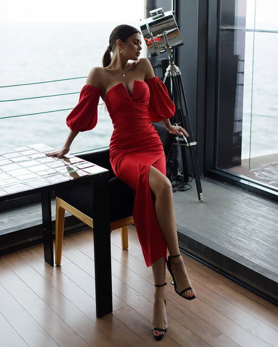 Red PUFF-SLEEVE MIDI DRESS (ARTICLE 289)