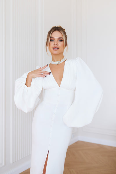 White BACKLESS PUFF SLEEVE MIDI DRESS (ARTICLE C353)