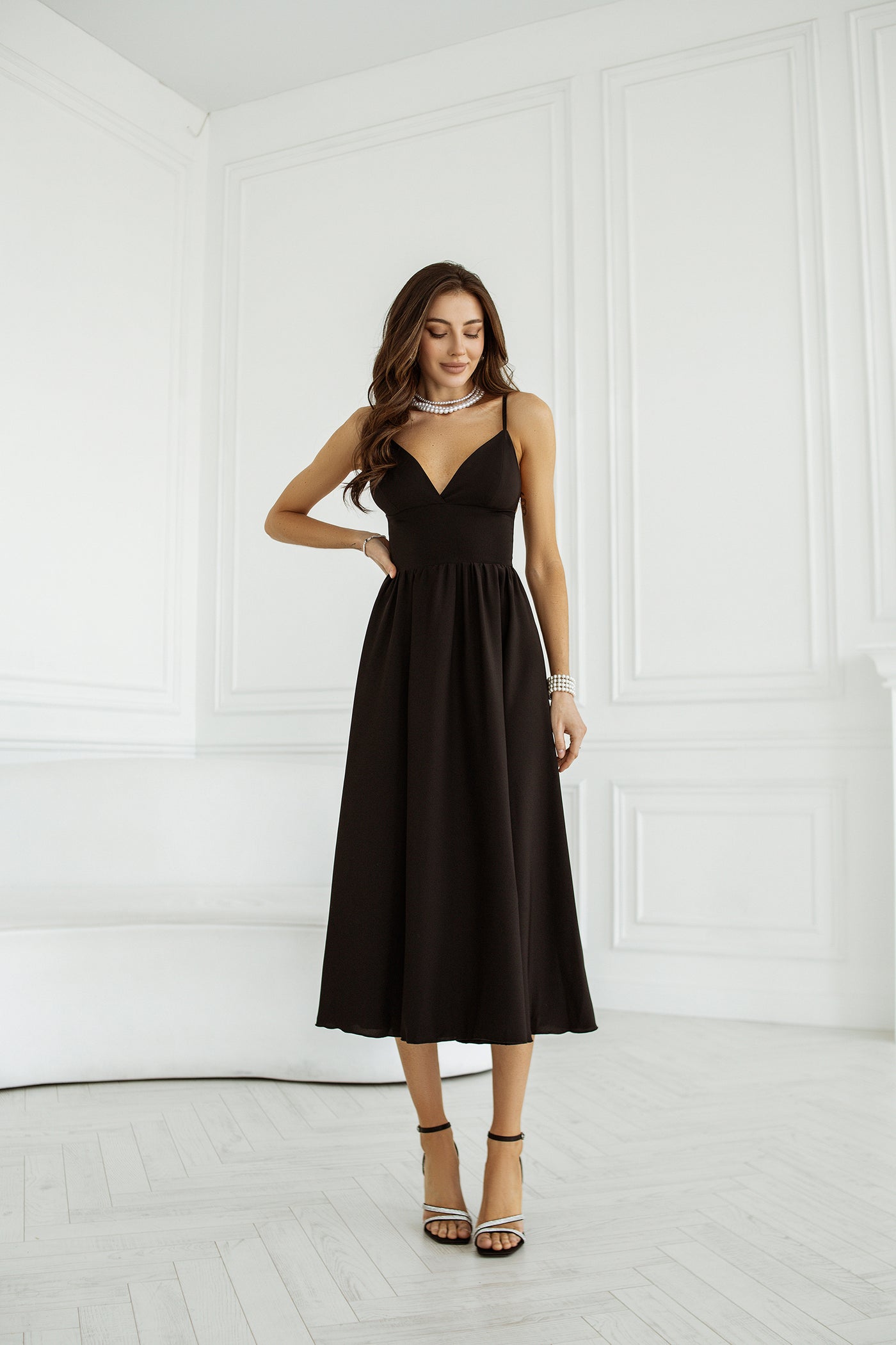 Black V-NECK SLIP MIDI DRESS (ARTICLE C284)