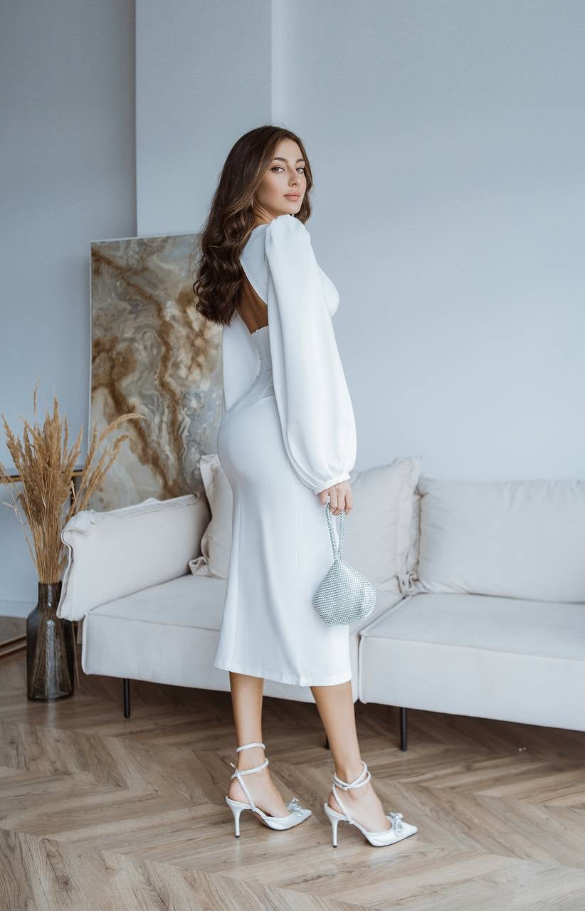 White BACKLESS PUFF SLEEVE MIDI DRESS (ARTICLE C353)