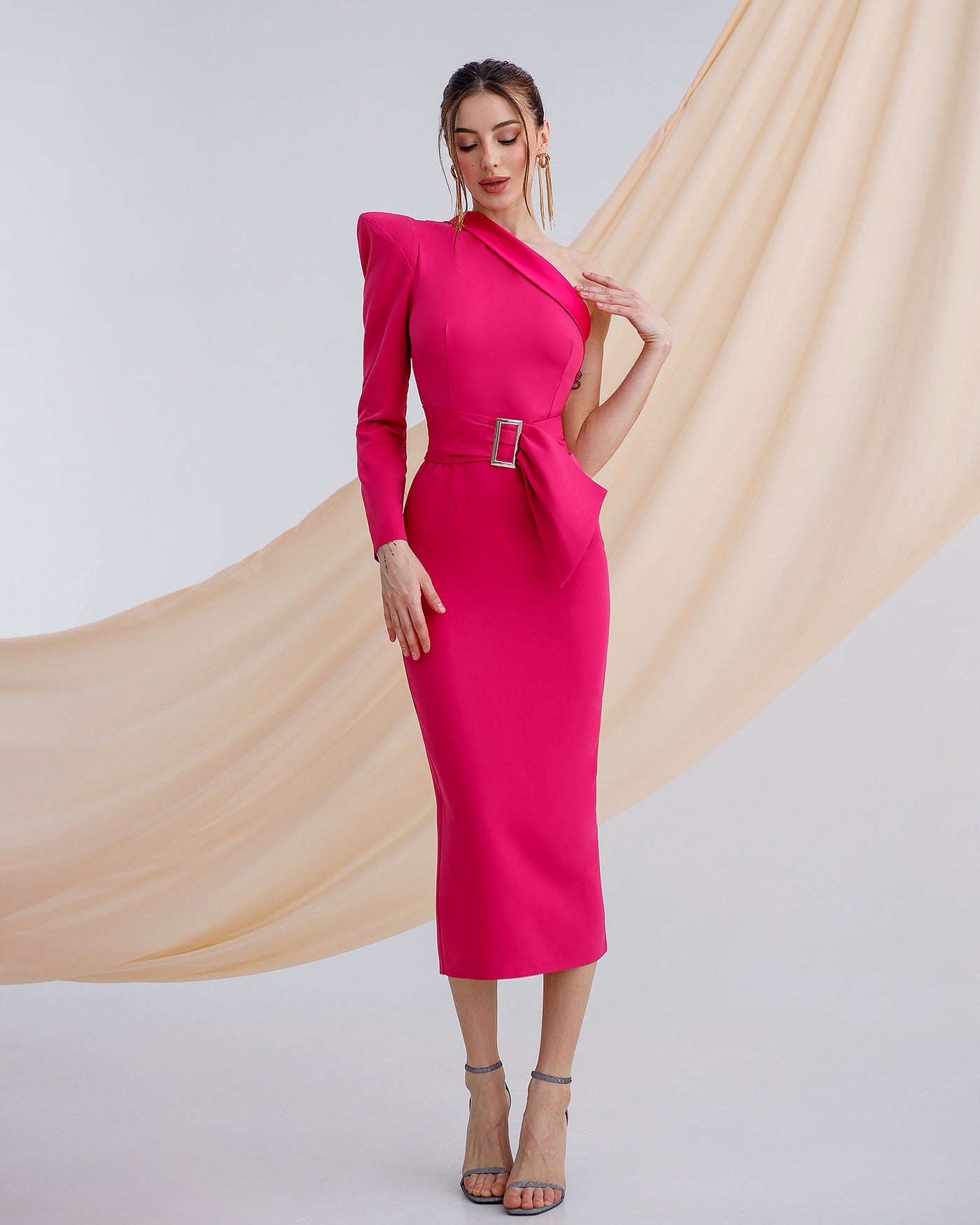 Crimson One-Shoulder Belted Midi Dress (article 343)