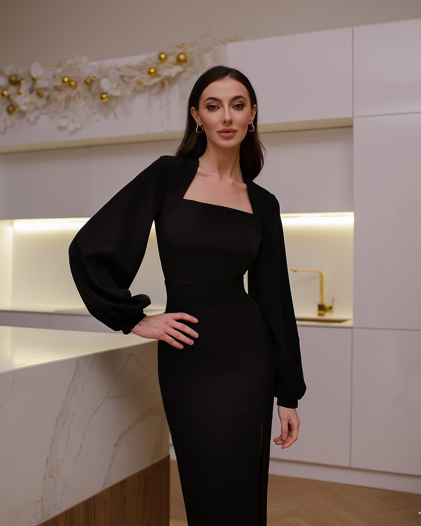 Black SQUARE NECK PUFF-SLEEVE MIDI DRESS (ARTICLE 353)