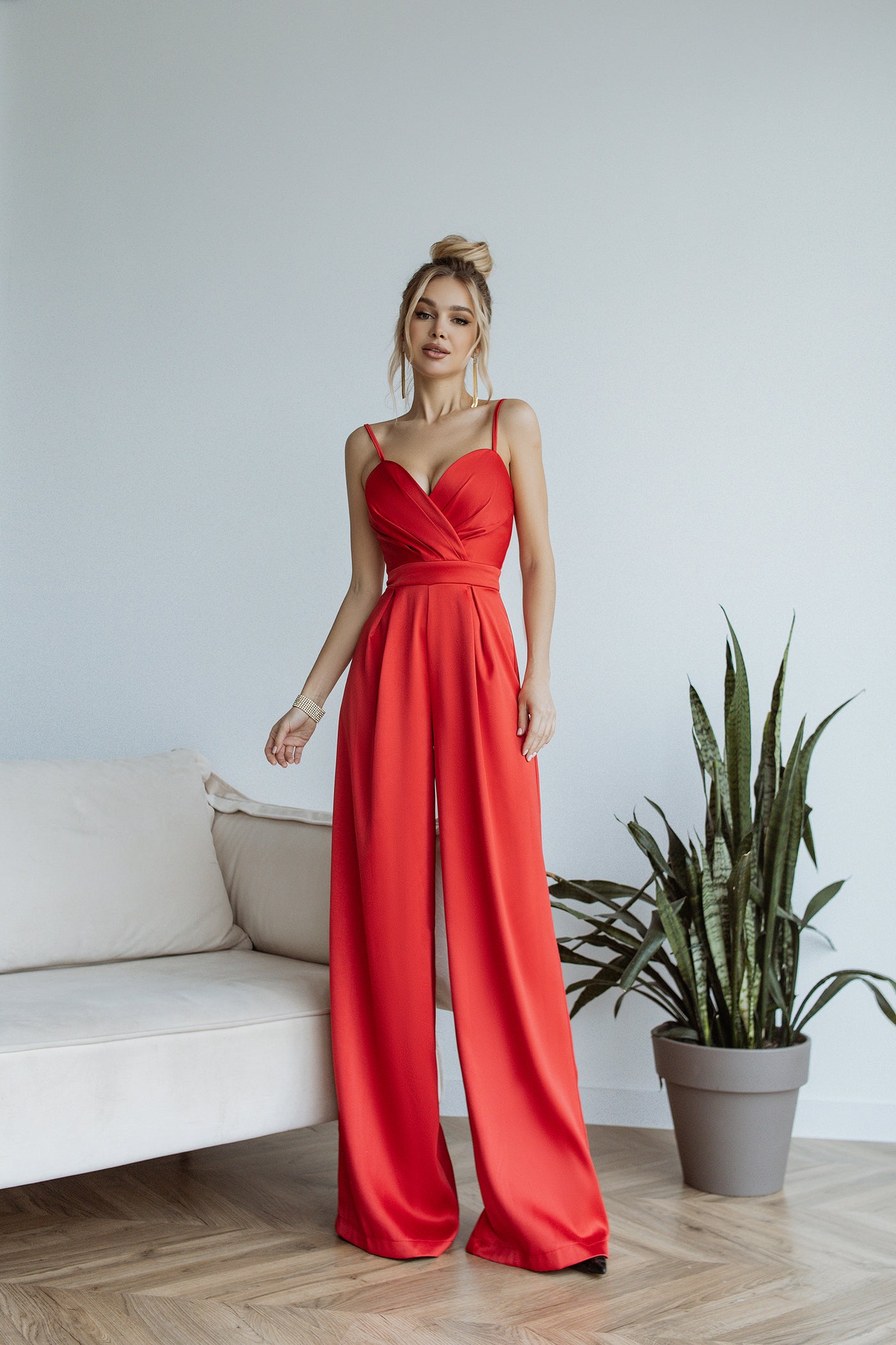 Red SATIN WIDE-LEG JUMPSUIT (ARTICLE C314)