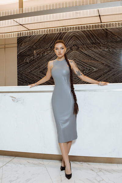 Grey ECO LEATHER SLEEVELESS DRESS (ARTICLE C325)