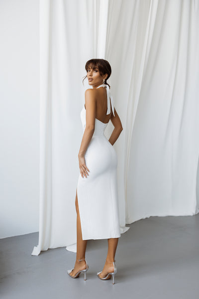 White BACKLESS HALTER MIDI DRESS (ARTICLE C407)