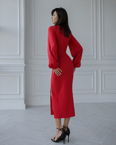 Red SQUARE NECK PUFF-SLEEVE MIDI DRESS (ARTICLE 353)