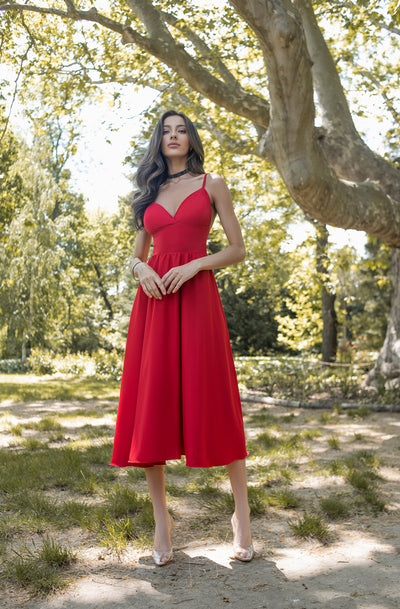 Red V-NECK SLIP MIDI DRESS (ARTICLE C284)