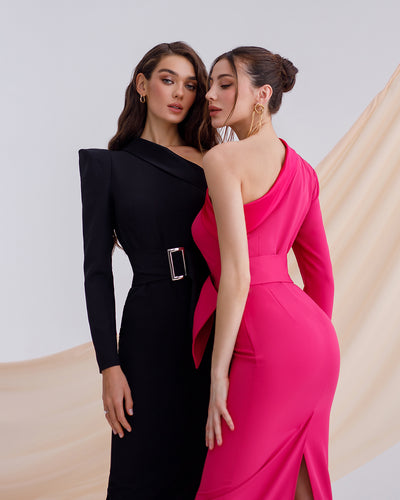 Black ONE-SHOULDER BELTED MIDI DRESS (ARTICLE 343)