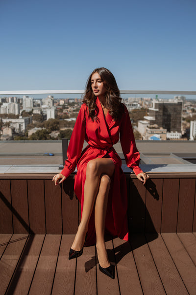 Red COLLARED WRAP MIDI DRESS (ARTICLE C405)