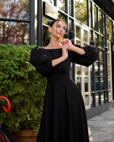 Black BACKLESS PUFF-SLEEVE MIDI DRESS (ARTICLE 395)