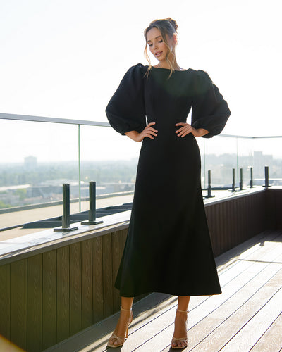 Black BACKLESS PUFF-SLEEVE MIDI DRESS (ARTICLE 395)