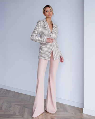 Beige Houndstooth Belted Slim-Fit Blazer (article 029)