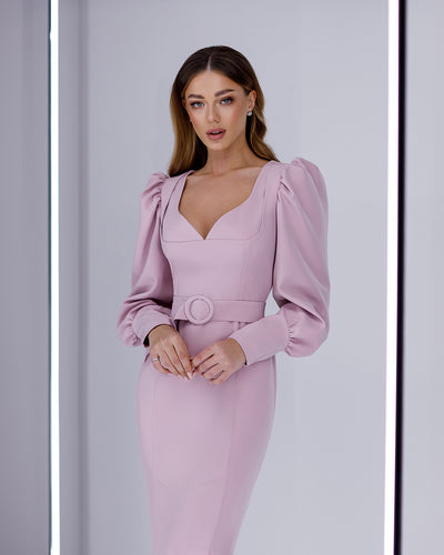 Dusty Pink PUFF-SLEEVE BELTED MIDI DRESS (ARTICLE 392)