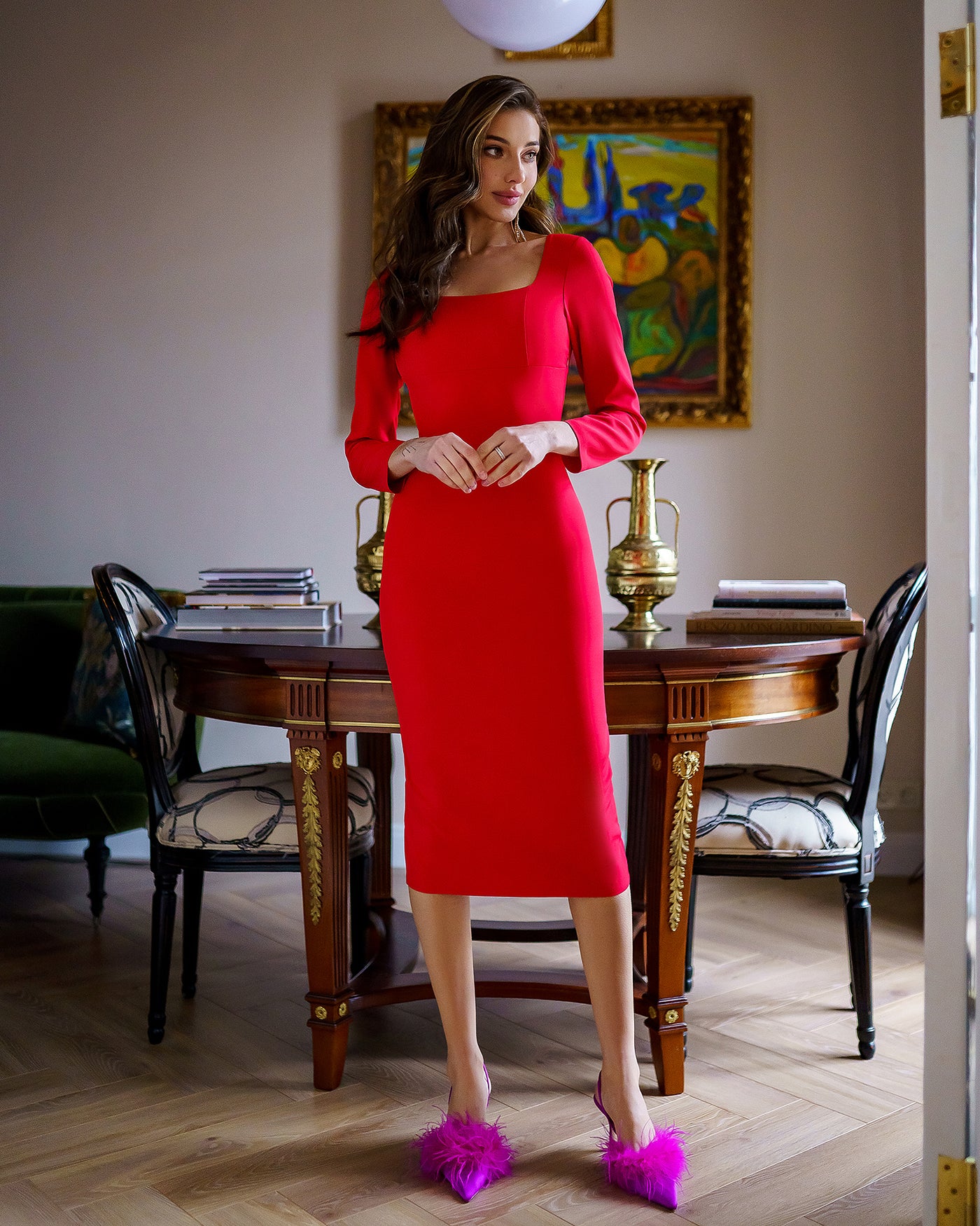 Red SQUARE NECK MIDI DRESS (ARTICLE 234)