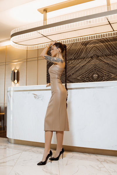 Beige ECO LEATHER SLEEVELESS DRESS (ARTICLE C325)