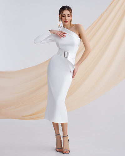 White ONE-SHOULDER BELTED MIDI DRESS (ARTICLE 343)