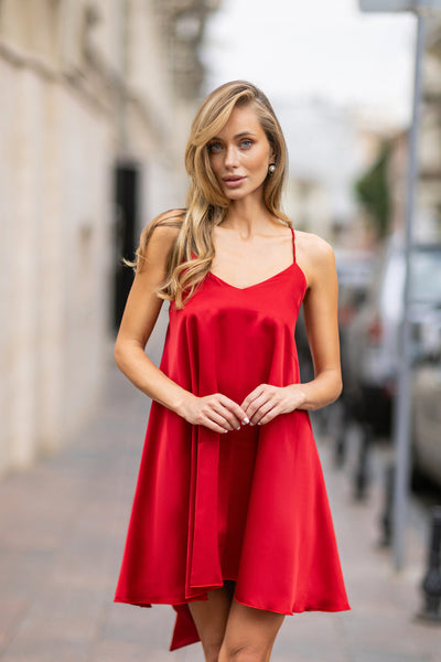 Red Satin Strap Bow Back Mini Dress (article C471)