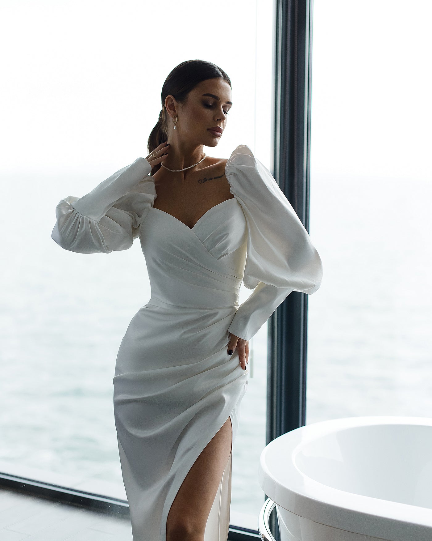 White SATIN PUFF-SLEEVE MIDI DRESS (ARTICLE 333)