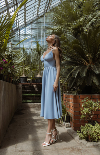 Sky-blue V-NECK SLIP MIDI DRESS (ARTICLE C284)