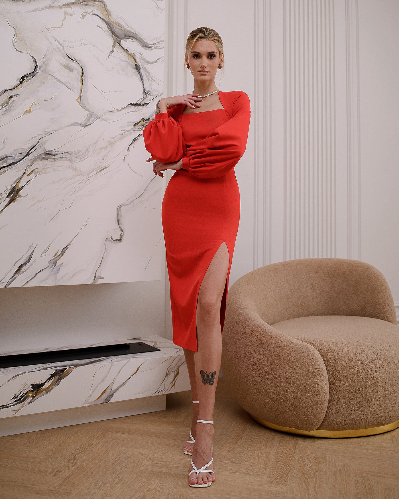 Red SQUARE NECK PUFF-SLEEVE MIDI DRESS (ARTICLE 353)