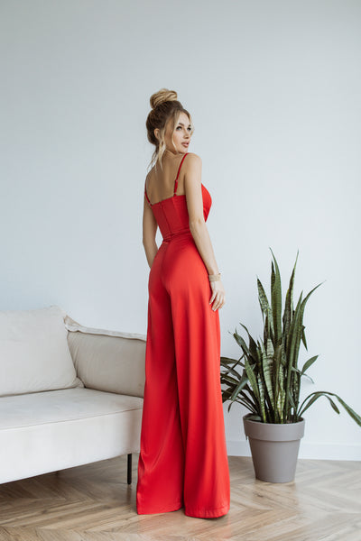 Red SATIN WIDE-LEG JUMPSUIT (ARTICLE C314)