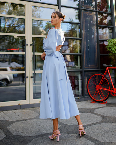 Sky-blue BACKLESS PUFF-SLEEVE MIDI DRESS (ARTICLE 395)