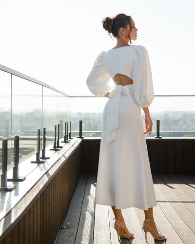 White BACKLESS PUFF-SLEEVE MIDI DRESS (ARTICLE 395)