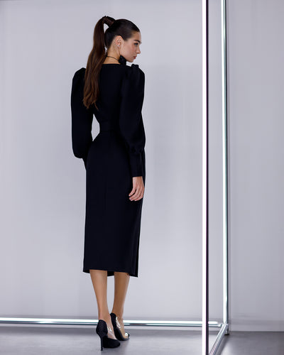 Black PUFF-SLEEVE BELTED MIDI DRESS (ARTICLE 392)