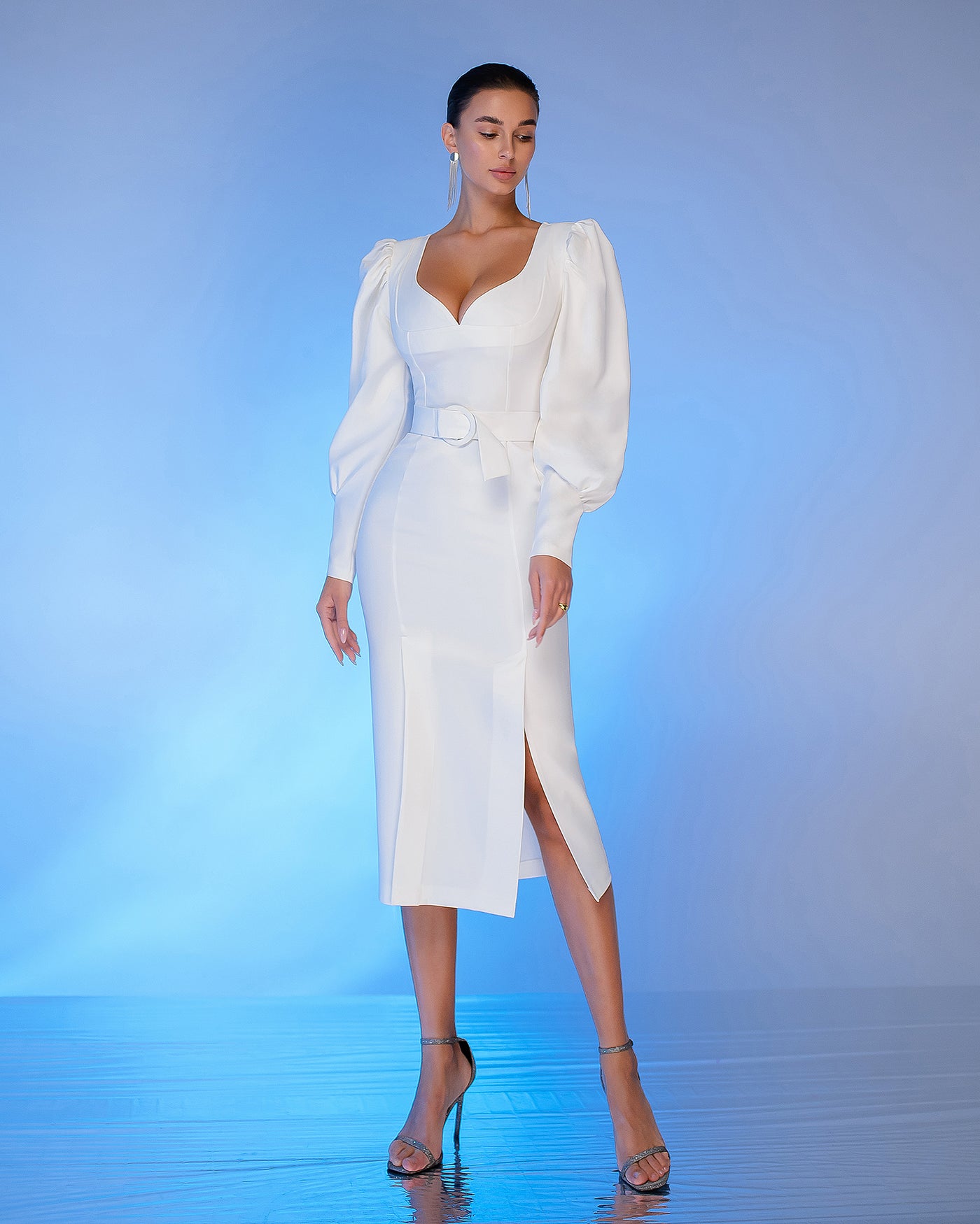 White Puff-Sleeve Belted Midi Dress (article 392)