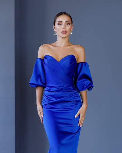 Blue Satin Sweetheart Puff-Sleeve Midi Dress (article 330)