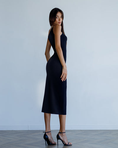 Black ASYMMETRIC STRAPPY MIDI DRESS (ARTICLE 376)