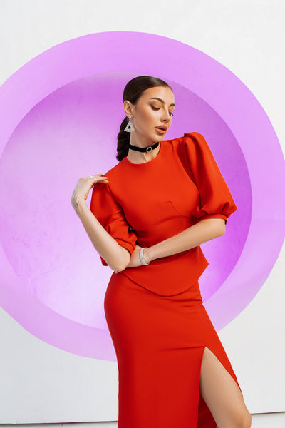 Red PUFF-SLEEVE TOP & MIDI SKIRT 2-PIECE SET (ARTICLE C413)