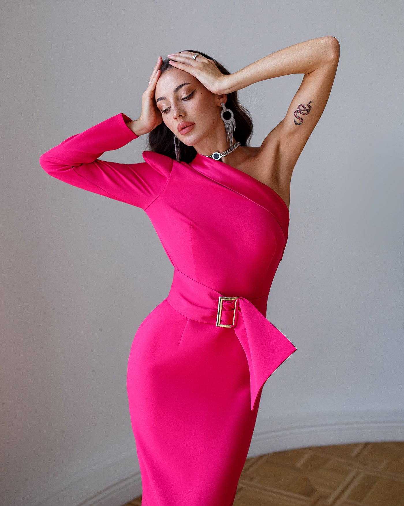 Crimson One-Shoulder Belted Midi Dress (article 343)