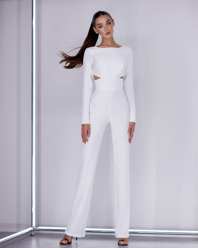 White BACKLESS CUT-OUT LONG-SLEEVE JUMPSUIT (ARTICLE 422)