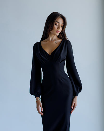 Black V-NECK PUFF-SLEEVE MIDI DRESS (ARTICLE 377)