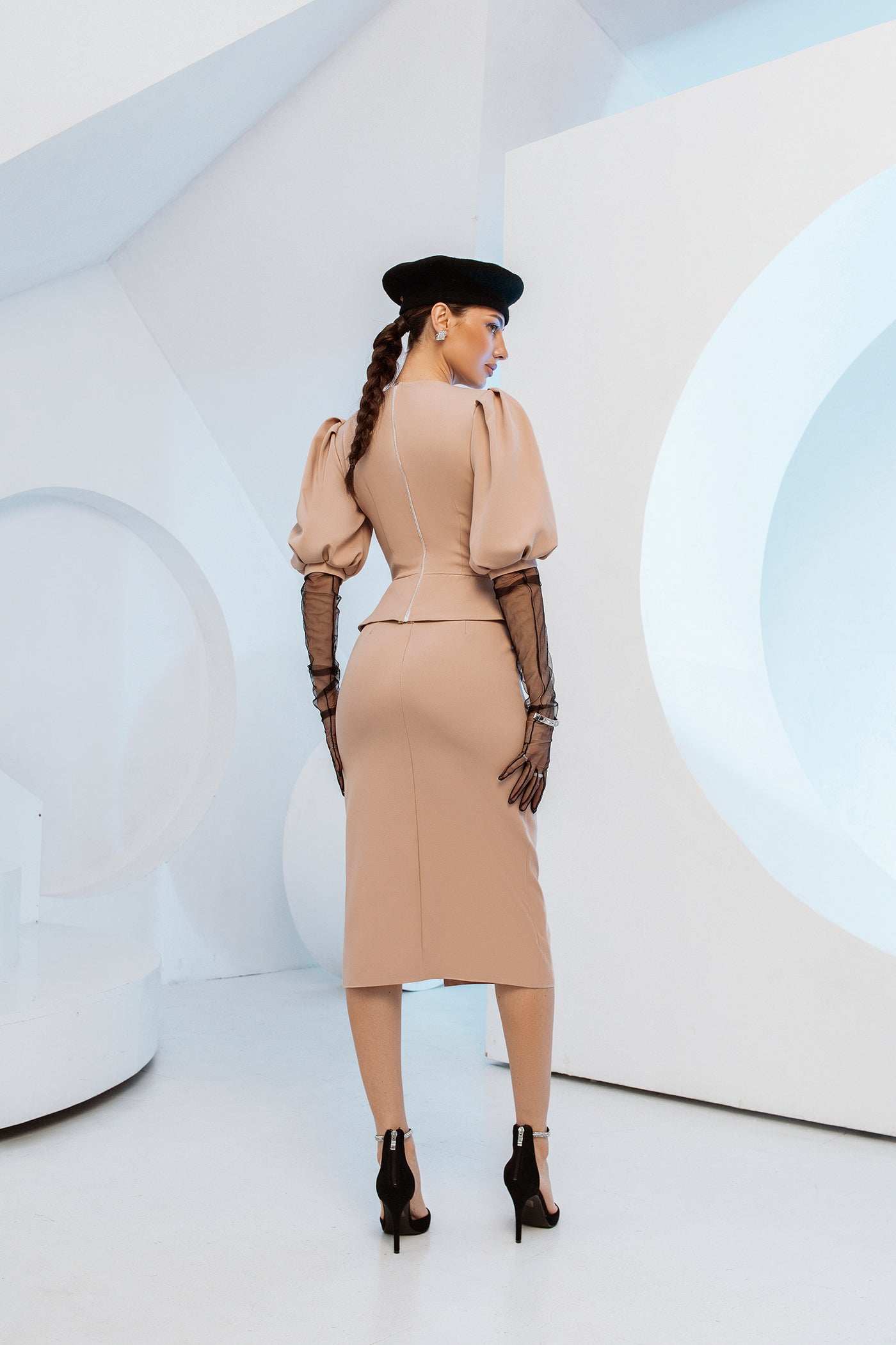 Beige Puff-Sleeve Top & Midi Skirt 2-Piece Set (article C413)