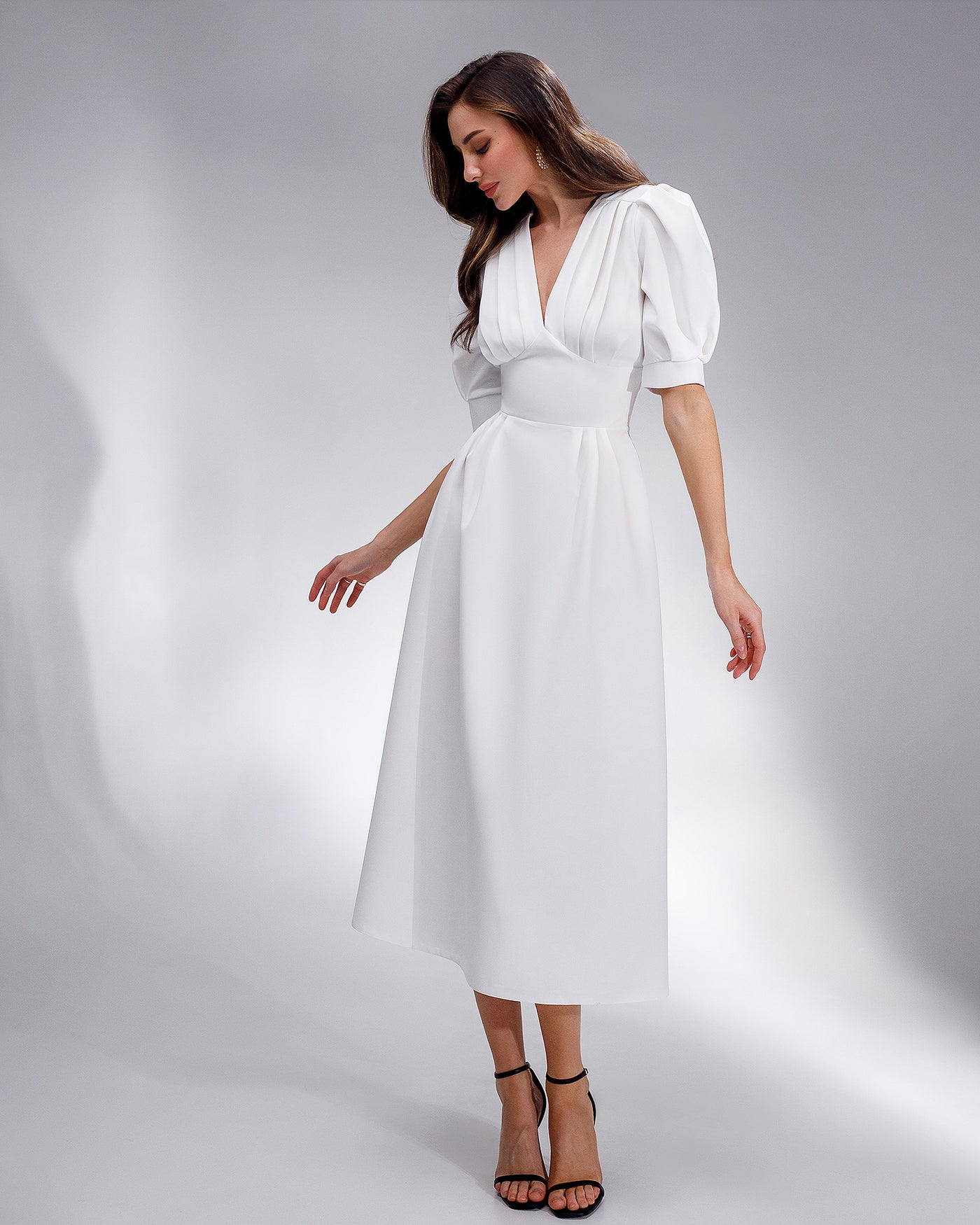 White V-NECK PUFF-SLEEVE MIDI DRESS (ARTICLE 352/1)