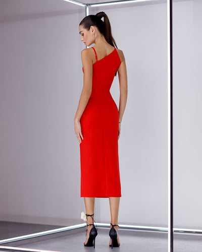 Red ASYMMETRIC STRAPPY MIDI DRESS (ARTICLE 376)