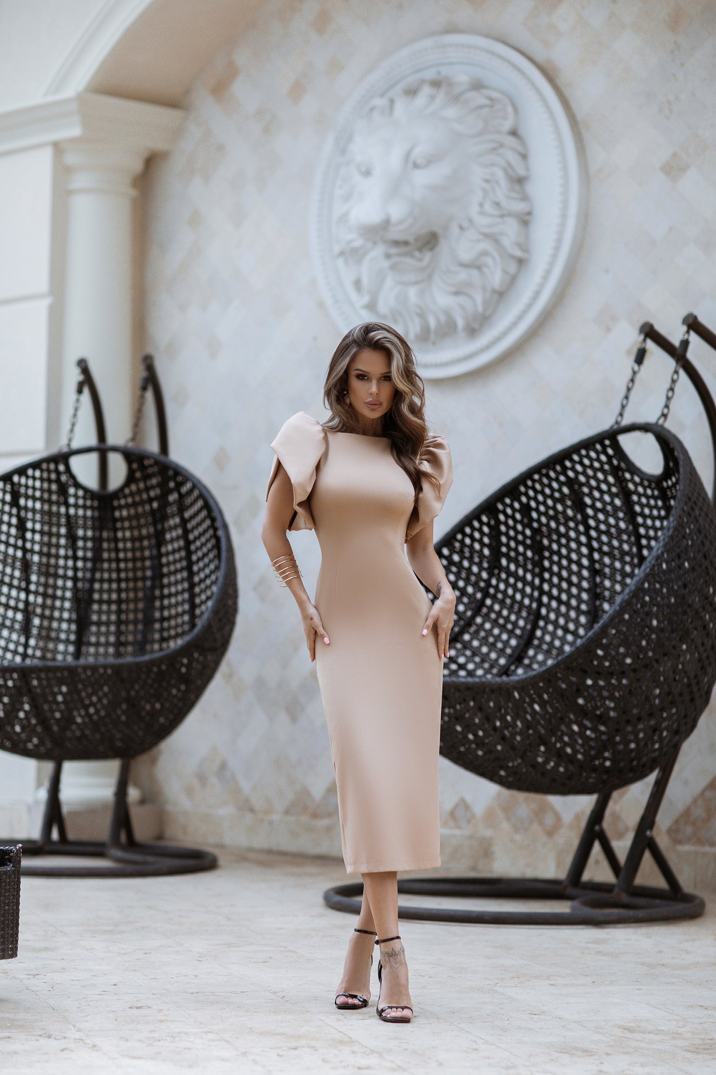 Beige FITTED PUFF-SLEEVE MIDI DRESS (ARTICLE C331)