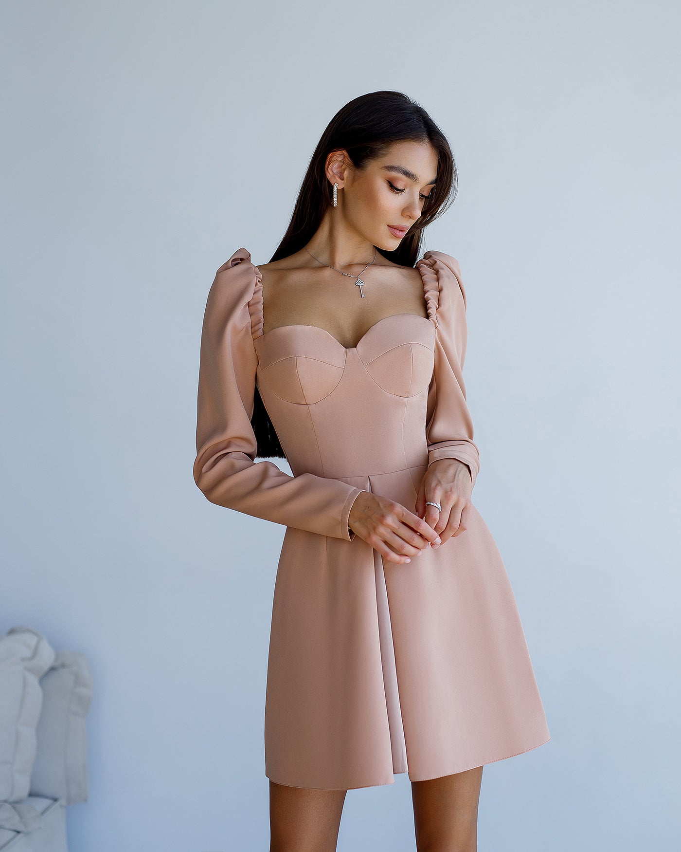 Beige SWEETHEART PUFF SLEEVE MINI DRESS (ARTICLE 372)