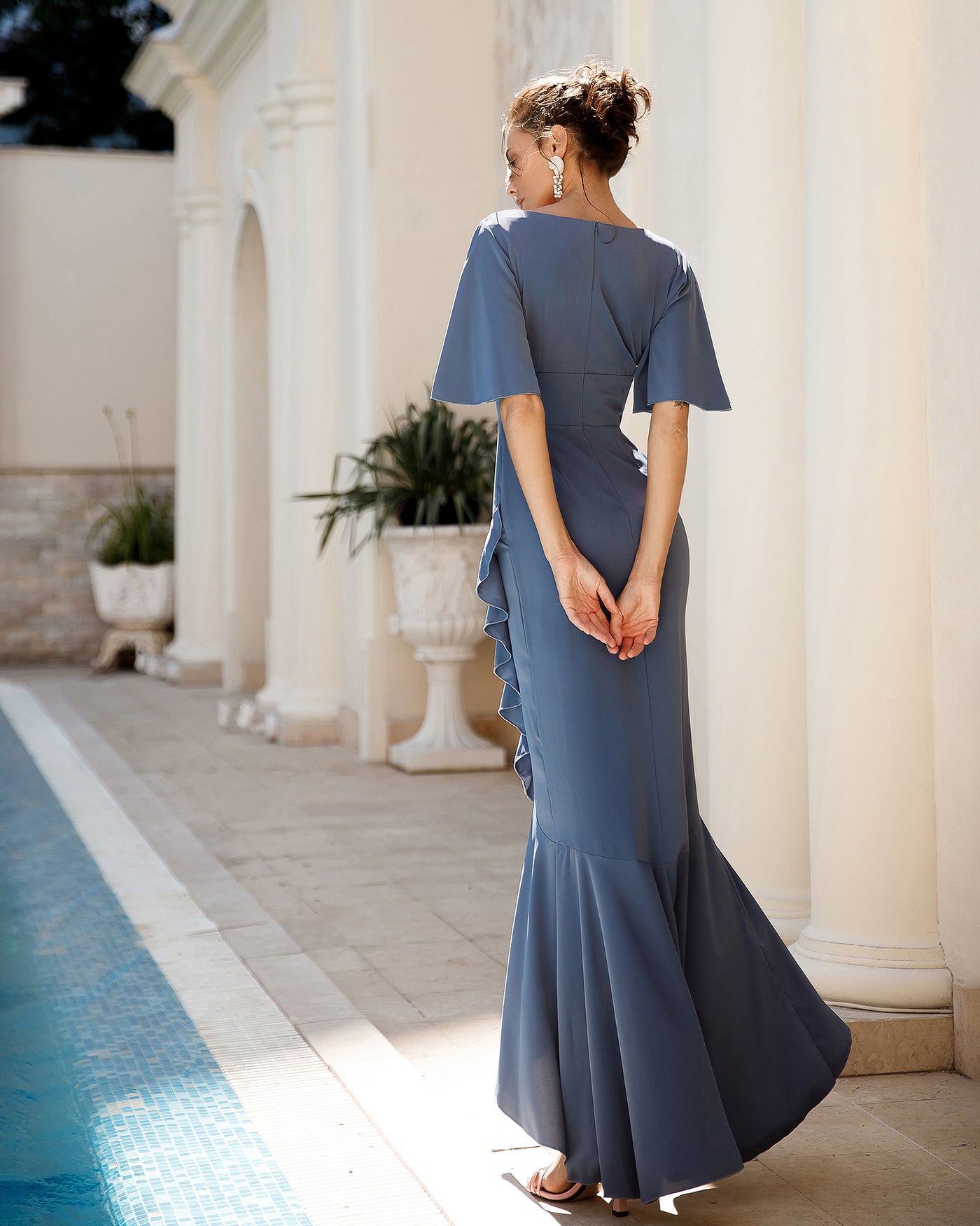 Blue V-NECK RUFFLED MAXI DRESS (ARTICLE 384)