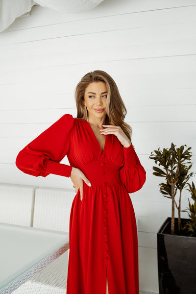 Red V-NECK BUTTONED PUFF-SLEEVE MIDI DRESS (ARTICLE C392)