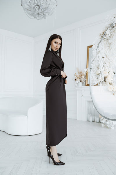 Black COLLARED WRAP MIDI DRESS (ARTICLE C405)