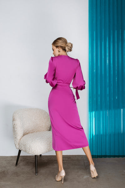 Fuchsia WRAP LONG SLEEVE MIDI DRESS (ARTICLE C293/1)