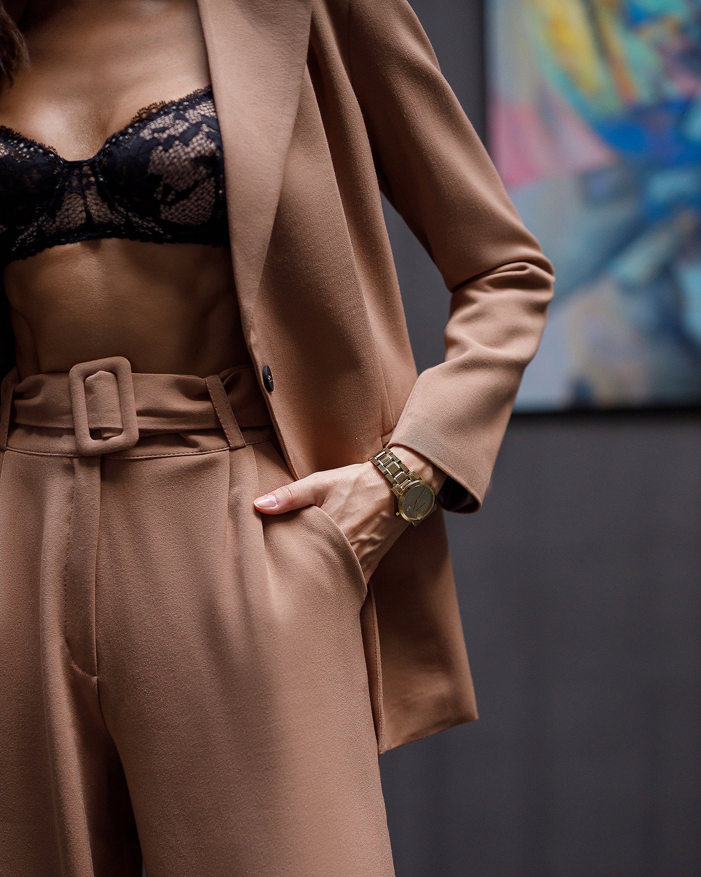 Camel Belted Wide-Leg Suit 2-Piece (article 030)